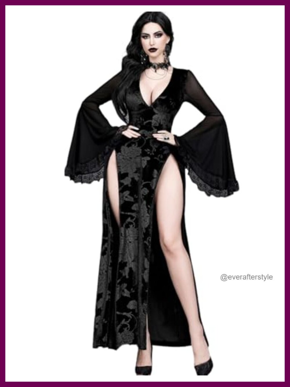 Gothic High Slit Vintage Flower Embroidery Witch Dress